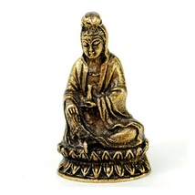 MINIATURE BRONZE KWAN YIN STATUE 1&quot; Tiny Buddhist Goddess Amulet Talisma... - $13.56 CAD