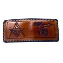 Men&#39;s Bifold Wallet Mason Shriner Whip Stitch Tooled Leather Made in USA Vintage - £43.83 GBP