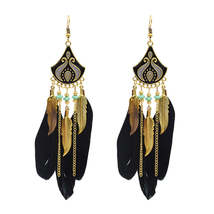 Black Feather &amp; Turquoise Tassel Dangle Earring - £10.97 GBP