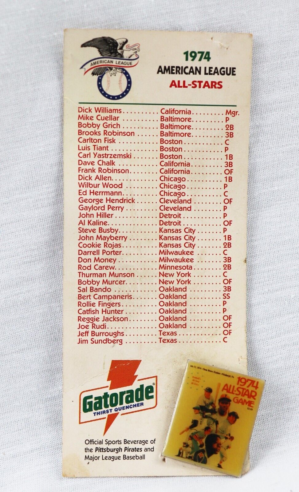 Primary image for 1974 MLB All Star Game Pin & Card Set Gatorade Pittsburgh Steve Garvey MVP