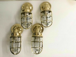 Vintage Solid Brass Caged Bulkhead Industrial Wall Light | Bathroom | Outdoor Ga - £236.55 GBP