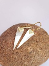 Drop silver Minimalist Triangle Shape Earrings with CZ pave White MOP hook wire  - £41.92 GBP