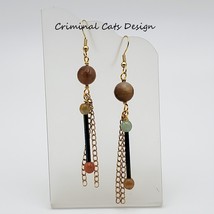 Dangle Chain Earrings with Smokey Grey Agate, Colored Glass Beads, NWT, handmade - £11.98 GBP