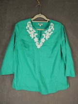 Talbots Outlet Linen Blouse Womens Size Medium Green Teal Embroidered Beaded - $8.59