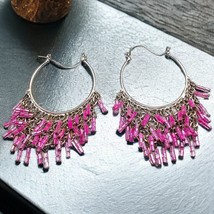 Artisan Fun Bright Pink Beaded Earrings Boho Style Hoops Silver-tone Metal Women - £7.51 GBP