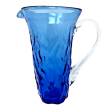 Studio Art Glass Pitcher Hand Blown Textured Ombre Blue Clear Handle 7&quot; Tall - £20.09 GBP