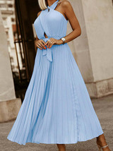 Solid Rib Pleated Long Party Dress Double Criss-cross Halter Hollow(D0102HGRXIA. - £43.83 GBP
