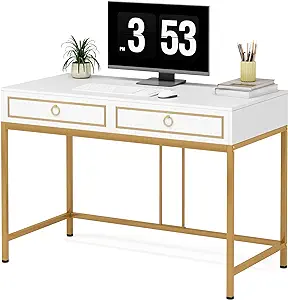 Drawers Computer Desk, 43.31 W X 21.65 D X 31.5H, White And Gold - $332.99