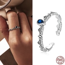 Classic 925 Sterling Silver Vintage Pattern Open Ring Romantic Heart Pink Blue Z - £16.29 GBP