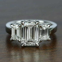 Emerald 2.65Ct Three Simulated Diamond Engagement Ring 14k White Gold Size 7.5 - £195.44 GBP