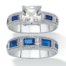 PalmBeach Jewelry Platinum-Plated CZ and Simulated Blue Sapphire Ring Set - £35.02 GBP