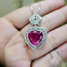 3 Ct Heart Shape Simulated Pink Sapphire Halo Pendant 14K 925 Silver Gold Plated - £84.33 GBP