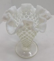 Vintage Fenton Milk White &amp; Clear Hobnail Glass Vase Ruffled Edges Retro Rare  - £15.32 GBP