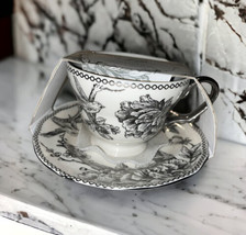 NEW 222 Fifth Adelaide Floral Fine China 12 Oz Cup &amp; Saucer Set White and Silver - $21.78