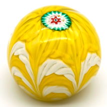 Vintage Murano Art Glass Paperweight Bright Yellow &amp; White Original Sticker - £51.55 GBP