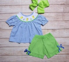 NEW Boutique Embroidered Duck Easter Chick Tunic &amp; Ruffle Shorts Girls Outfit - £13.69 GBP