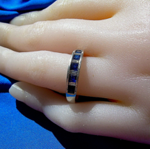 Sapphire Diamond Wedding Band Vintage Anniversary Ring 14k White Gold Size 8.25 - £1,265.38 GBP