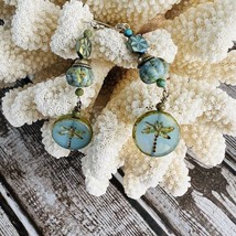 Dragonfly Earrings Blue Crystal Czech Glass Antique Brass Tone Dangle Handmade - £18.77 GBP