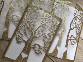 25pcs Glitter Gold Laser Cut Wedding Invitations Cards,Sweet sixteen invitations - £26.49 GBP