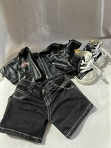 Build A Bear Harley Davidson Black Jacket Chain Jeans High Top Shoes lot Outfit - £34.79 GBP