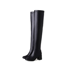 Winter Women Stretch PU Leather Overtheknee Boots Black White High Block Heels T - £61.45 GBP