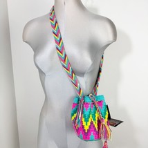 Authentic Wayuu boho bucket Crossbody Mini Bag hand woven cotton Blue tones - $29.77