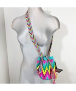 Authentic Wayuu boho bucket Crossbody Mini Bag hand woven cotton Blue tones - $554.93 MXN