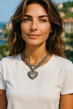 Stunning Large Faceted Glass Crystal Heart Statement Necklace 24” Silver... - $280.07 MXN