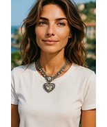 Stunning Large Faceted Glass Crystal Heart Statement Necklace 24” Silver... - $14.99