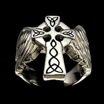 Sterling silver ring Winged Celtic Cross and Triquetra Knot Ireland with Black e - £79.93 GBP