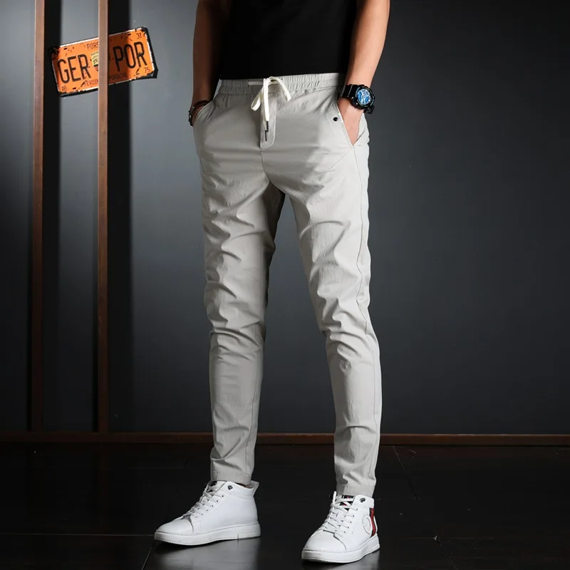 Summer Men  Waist Casual Pants Korean Streetwear Lightweight Cotton Gray Slim Fi - $85.46