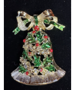 Vintage Gerry’s Christmas Bell Brooch Gold Tone Enamel Holly Berry Holiday Pin - $24.74