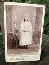 Heath&#39;s Gallery Antique Cabinet Card Young Girl Tall Candle Rosary Box Baptism? - £23.13 GBP