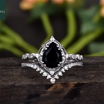 Vintage Black Onyx Engagement Ring 925 Sterling Silver Art Deco Curved Stacking  - $87.00