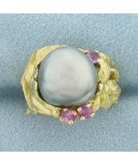 Designer Angela Conty Tahitian Pearl and Pink Sapphire Flower Ring in 18... - $1,977.38 CAD