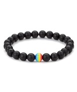 RAINBOW AND STONE BEAD BRACELET 8mm Black Agate Stretch LGBT Gay Pride W... - $12.26 CAD
