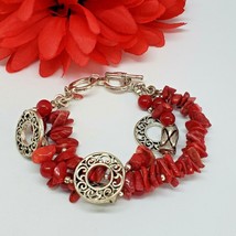 PREMIER DESIGNS Silver Tone Red Coral Statement Bracelet Chunky Toggle B... - $16.95
