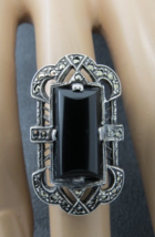 Sterling Silver Ring Size 4.75 Oval Black Stone Rectangular Bell Trading Post - £47.90 GBP