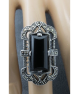 Sterling Silver Ring Size 4.75 Oval Black Stone Rectangular Bell Trading... - $80.69 CAD