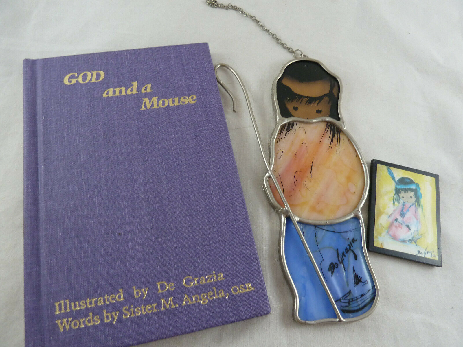 Primary image for De Grazia 6" Stained Glass Suncatcher Shepherd, Book God and Mouse & Magnet lot