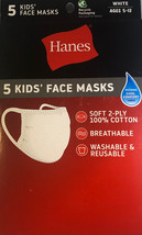 Hanes Youth Cloth Face Mask 5 Pack White Kids 5-12-100% Cotton Washable ... - £10.19 GBP