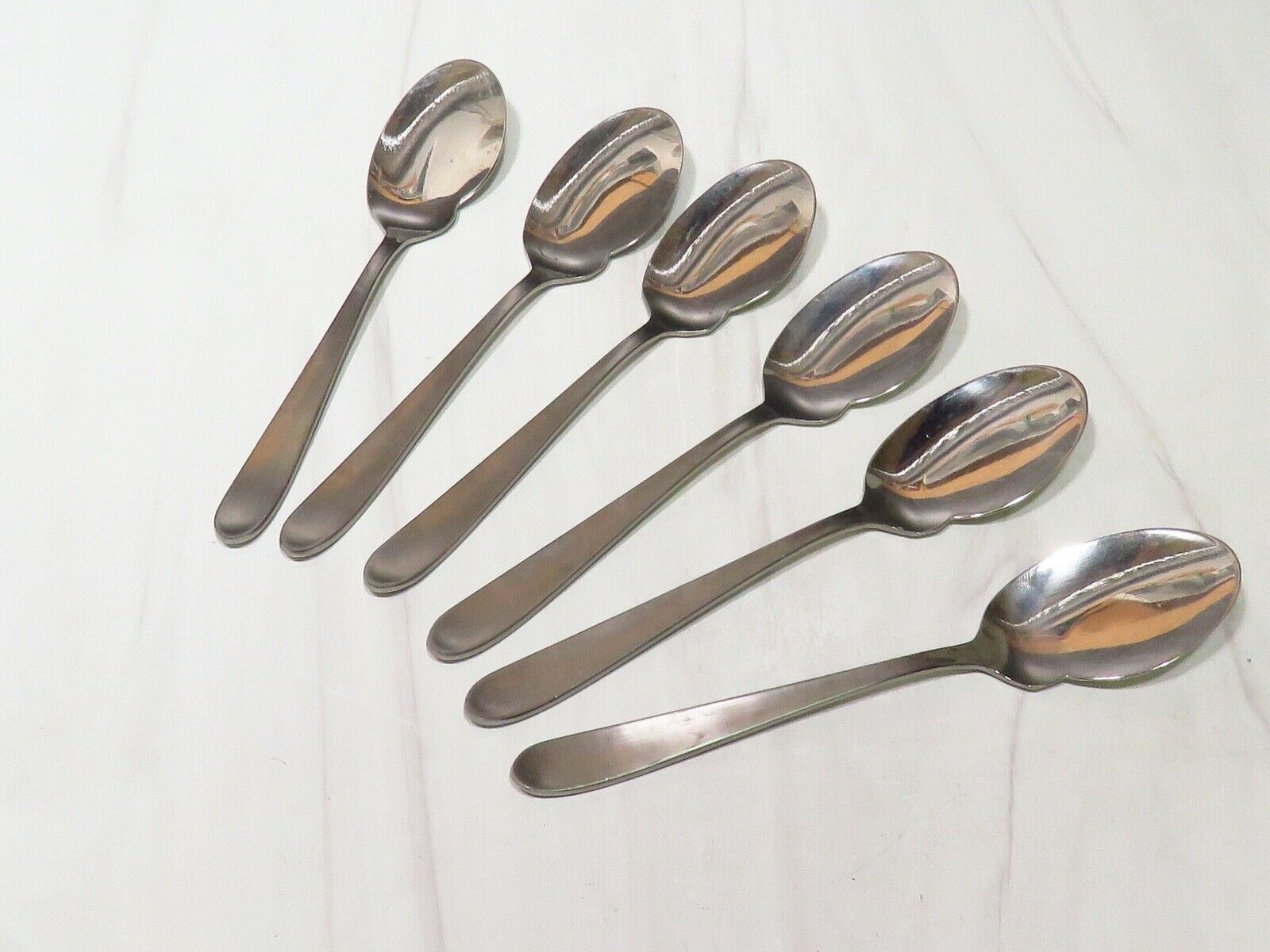 Primary image for 6 Vtg Fiddle Flat Bottom ICE CREAM Dessert Spoons Stahl Chrome Nickel Flatware 