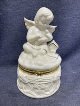 Trinket Box Hinged Lid SEI Angel Cherub Bird Figurine Large Gold Trim Porcelain - £9.49 GBP