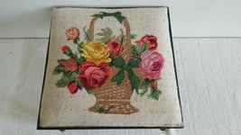Vintage Tapestry Need Point Pink Yellow Rose Basket Footrest Stool Metal... - £55.74 GBP