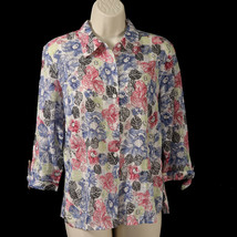 JM Collection Womens Button Front Shirt 8 Semi-Sheer Floral Pink Blue Green EUC - £12.82 GBP