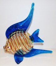 Beautiful Murano Style Art Glass Blue Yellow Brown Striped 11&quot; Fish Sculpture - £52.22 GBP