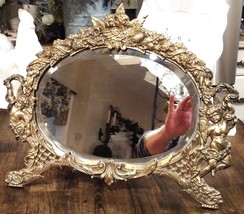 Brass Mirror Frame Angels Beveled Antique Art Nouveau Hollywood Regency Vanity - £125.81 GBP