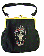 Art Deco Black Silk Purse Hand Embroidered Flowers Goswood Switzerland - $25.00