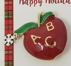 Teacher Appreciation Pin Happy Holidays Red Metal ABC Apple Snowflake Vintage - £9.07 GBP