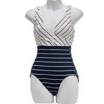 KONA SOL Women&#39;s Swimsuit Navy White Stripes 1 Piece V-Neck Nylon Lycra ... - $17.99